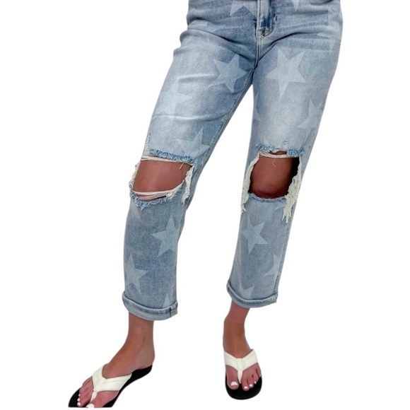 Risen Denim - Risen Starlight Blue Ankle Cropped Distressed Jeans.